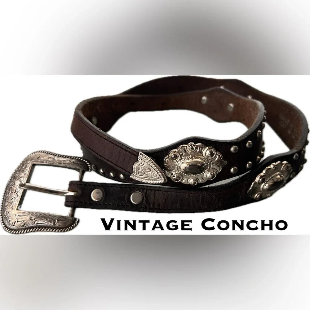 🩶Vintage Concho Leather Belt with Silver Accents & Removable Silver Buckle | S/M - Picture 16 of 16